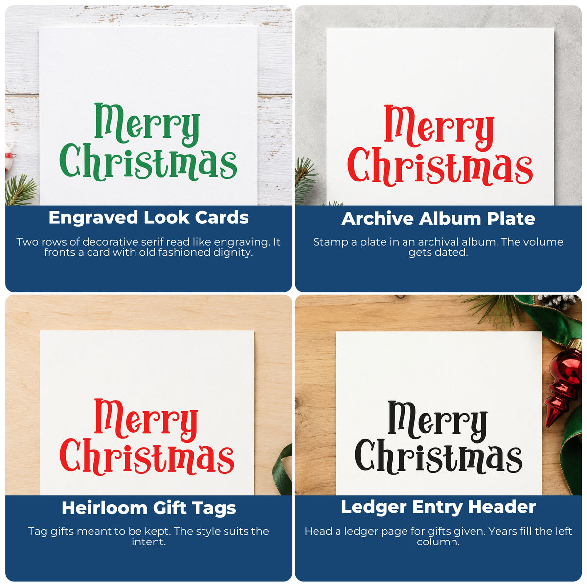 Four ways to use the Wood Handle Merry Christmas Serif Lettering Rubber Stamp: engraved look cards, archive album plate, heirloom gift tags and ledger entry header.