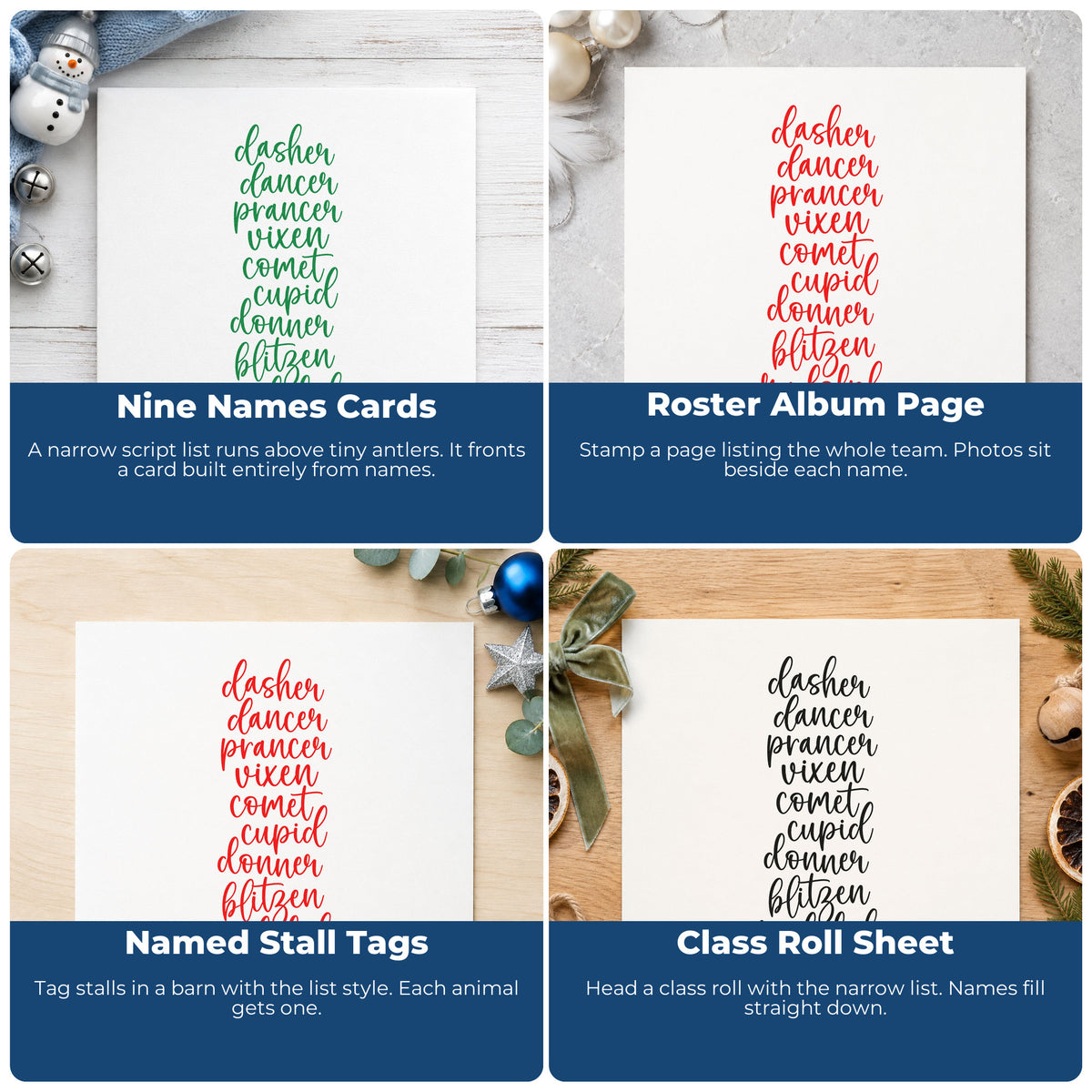 Four ways to use the Santa Reindeer Names List Premium Wood-Mounted Stamp - Vintage Pro: nine names cards, roster album page, named stall tags and class roll sheet.