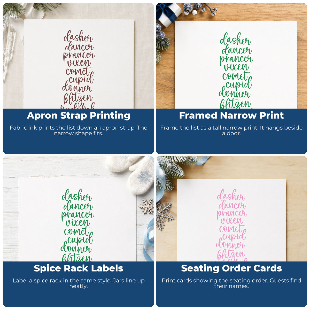 Four ways to use the Santa Reindeer Names List Premium Wood-Mounted Stamp - Vintage Pro: apron strap printing, framed narrow print, spice rack labels and seating order cards.