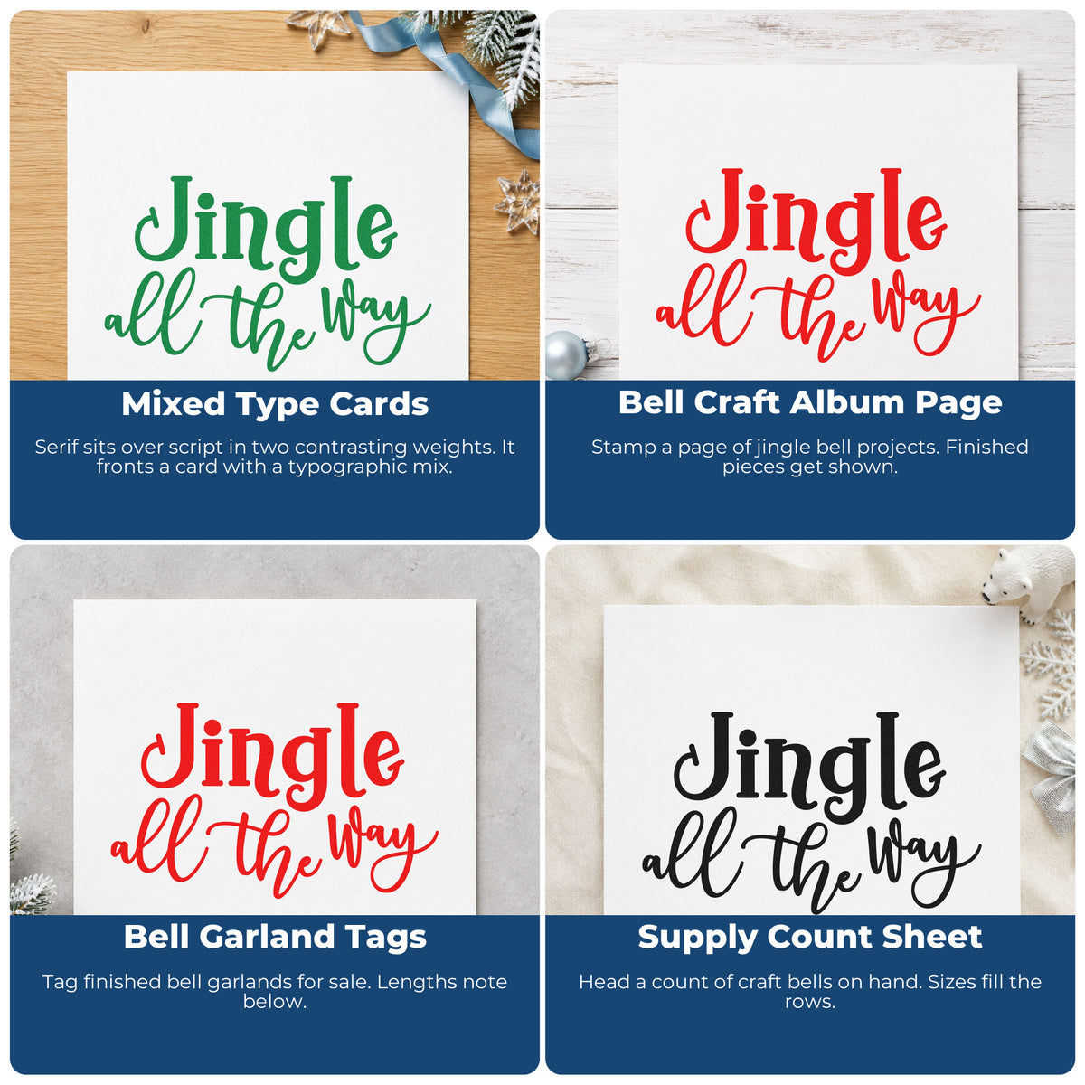 Four ways to use the Jingle All The Way Script Lettering Slim Pre-Inked Stamp: mixed type cards, bell craft album page, bell garland tags and supply count sheet.