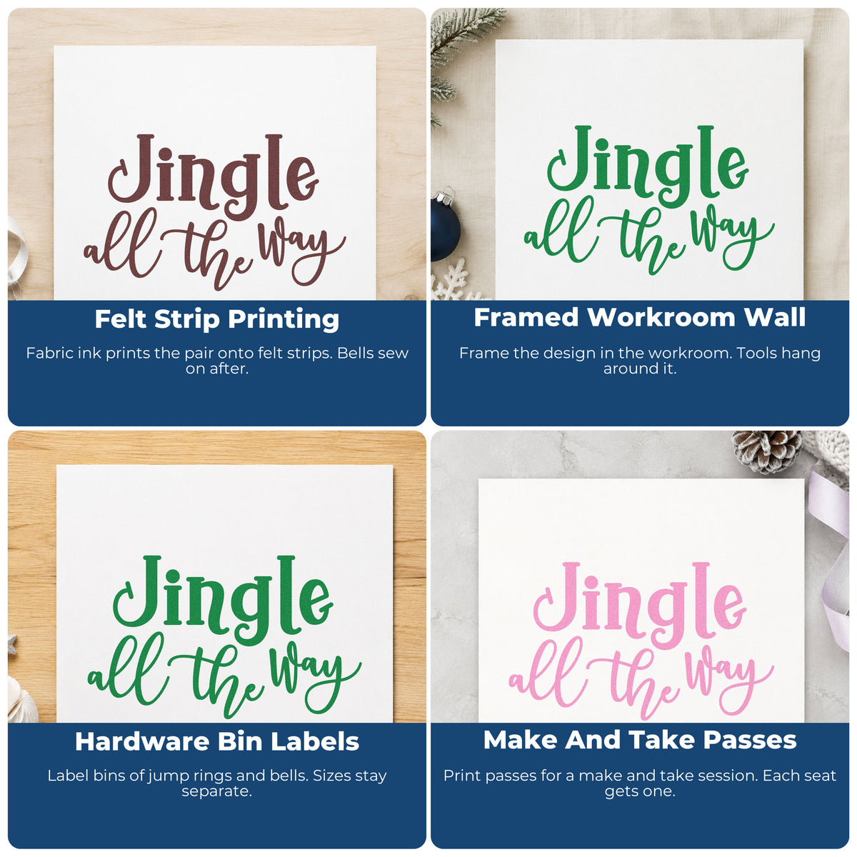 Four ways to use the Jingle All The Way Script Lettering Slim Pre-Inked Stamp: felt strip printing, framed workroom wall, hardware bin labels and make and take passes.