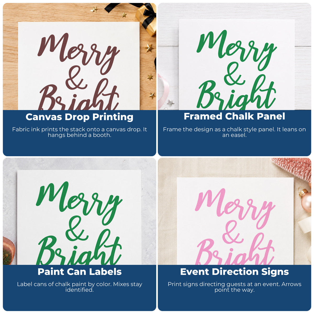 Four ways to use the Merry And Bright Brush Script Rubber Stamp – Wood Handle: canvas drop printing, framed chalk panel, paint can labels and event direction signs.