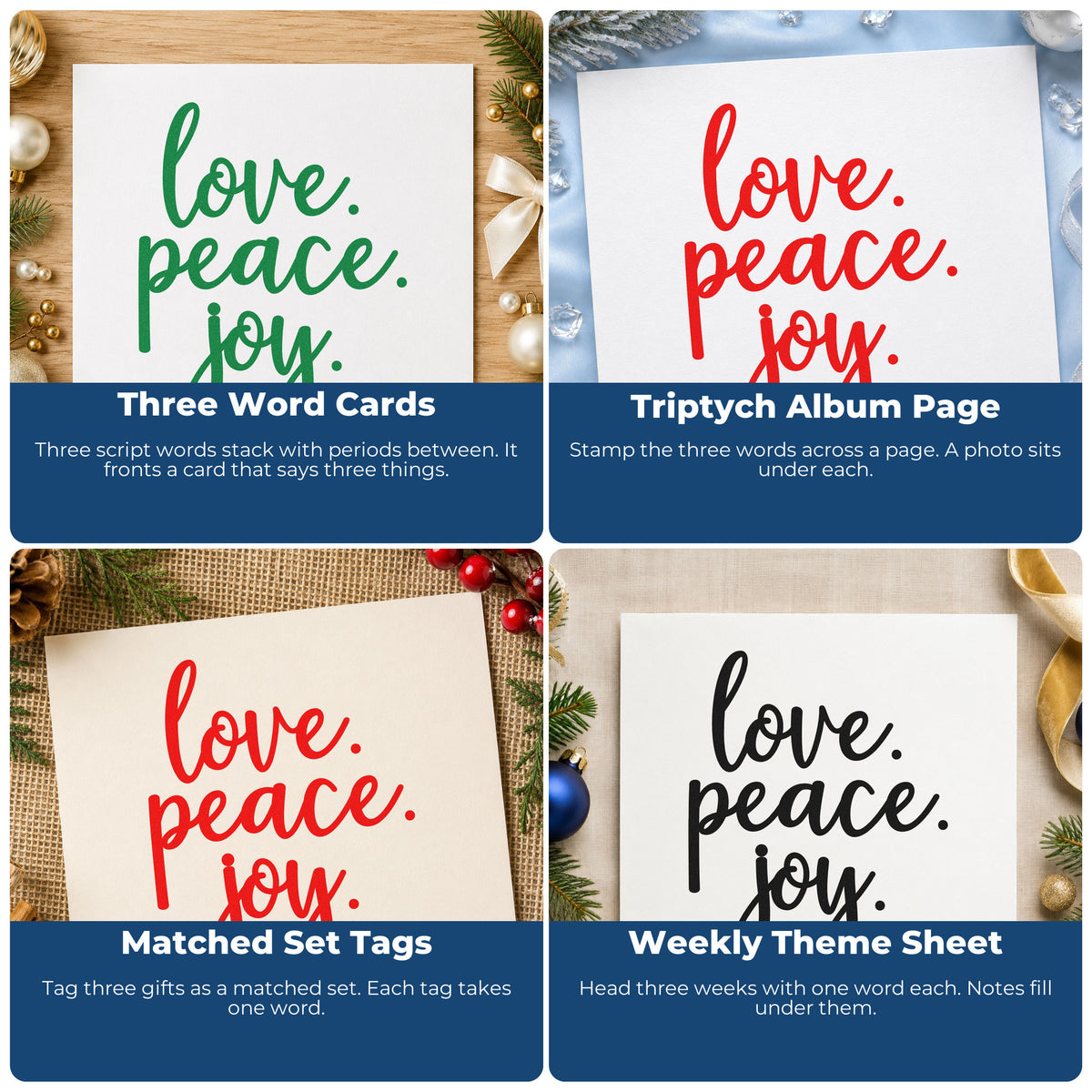 Four ways to use the Duo Hand Love Peace Joy Script Rubber Stamp: three word cards, triptych album page, matched set tags and weekly theme sheet.