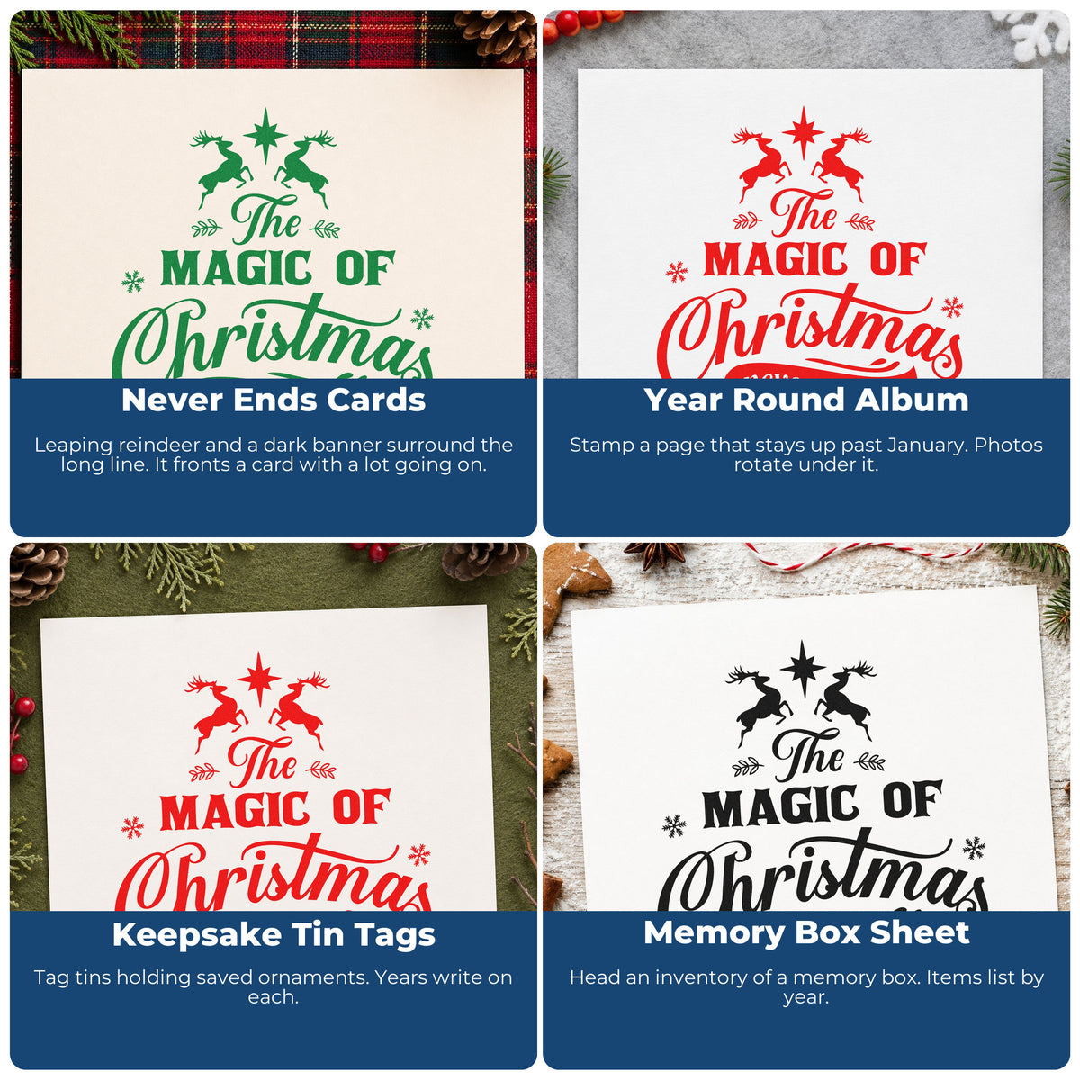 Four ways to use the Magic Christmas Never Ends Stamp - Premium Vintage Pro Wooden: never ends cards, year round album, keepsake tin tags and memory box sheet.