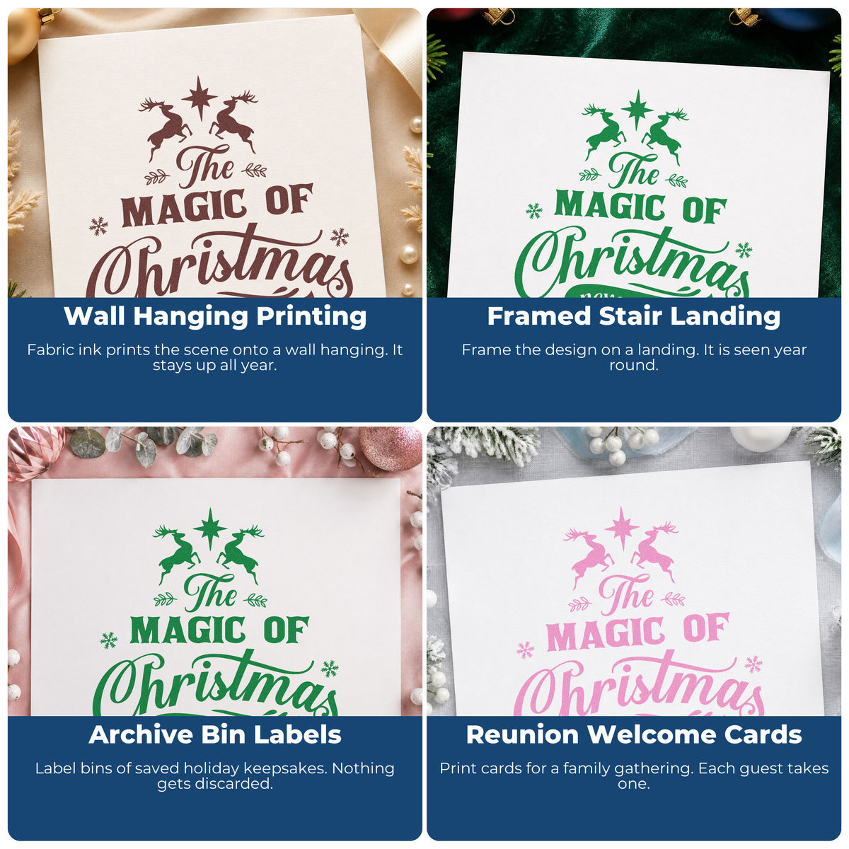 Four ways to use the Magic Christmas Never Ends Rubber Stamp – Wood Handle: wall hanging printing, framed stair landing, archive bin labels and reunion welcome cards.