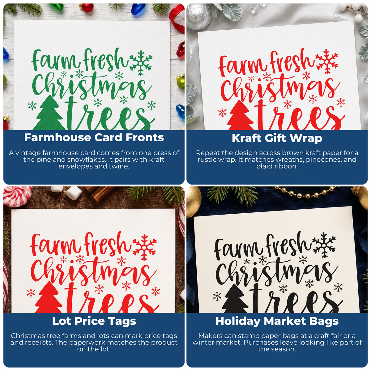 Four ways to use the Farm Fresh Christmas Trees Premium Wood-Mounted Stamp - Vintage Pro: farmhouse card fronts, kraft gift wrap, lot price tags and holiday market bags.