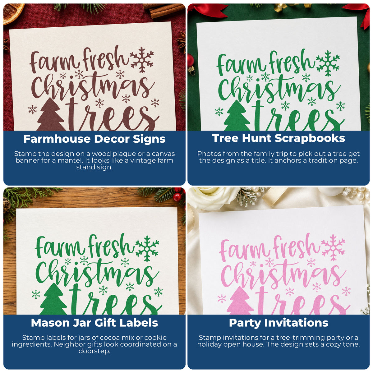 Four ways to use the Farm Fresh Christmas Trees Premium Wood-Mounted Stamp - Vintage Pro: farmhouse decor signs, tree hunt scrapbooks, mason jar gift labels and party invitations.