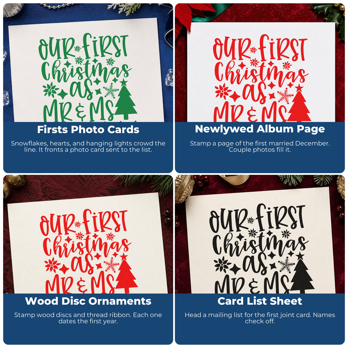 Four ways to use the Pre-Inked First Christmas Mr And Mrs Lights Tree Motif Stamp – PSI: firsts photo cards, newlywed album page, wood disc ornaments and card list sheet.