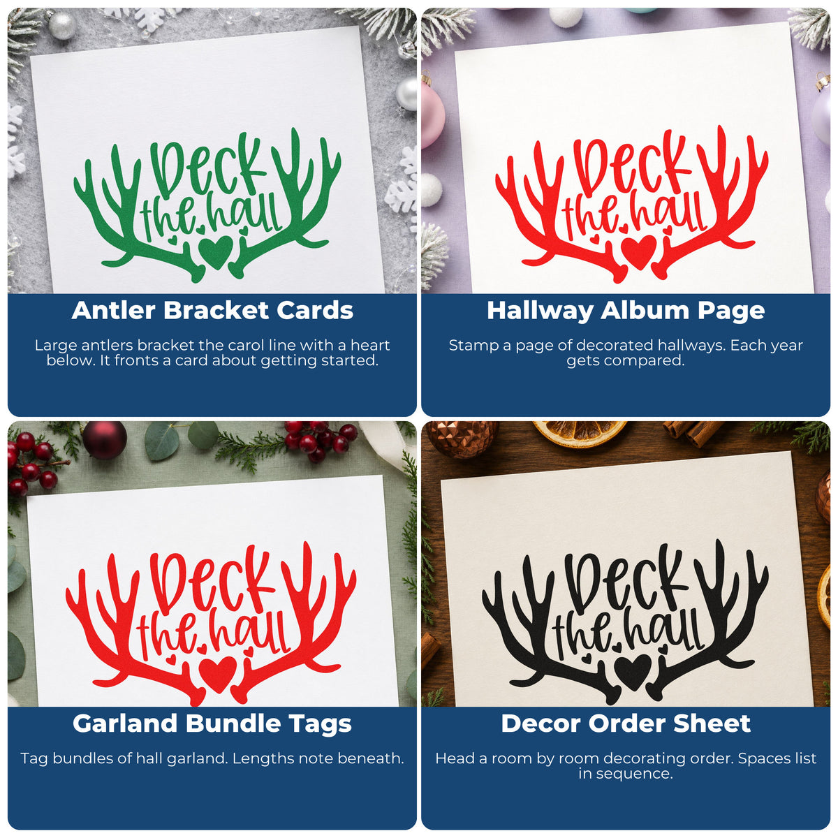 Four ways to use the Deck The Hall Antlers Rubber Stamp – Duo Hand: antler bracket cards, hallway album page, garland bundle tags and decor order sheet.