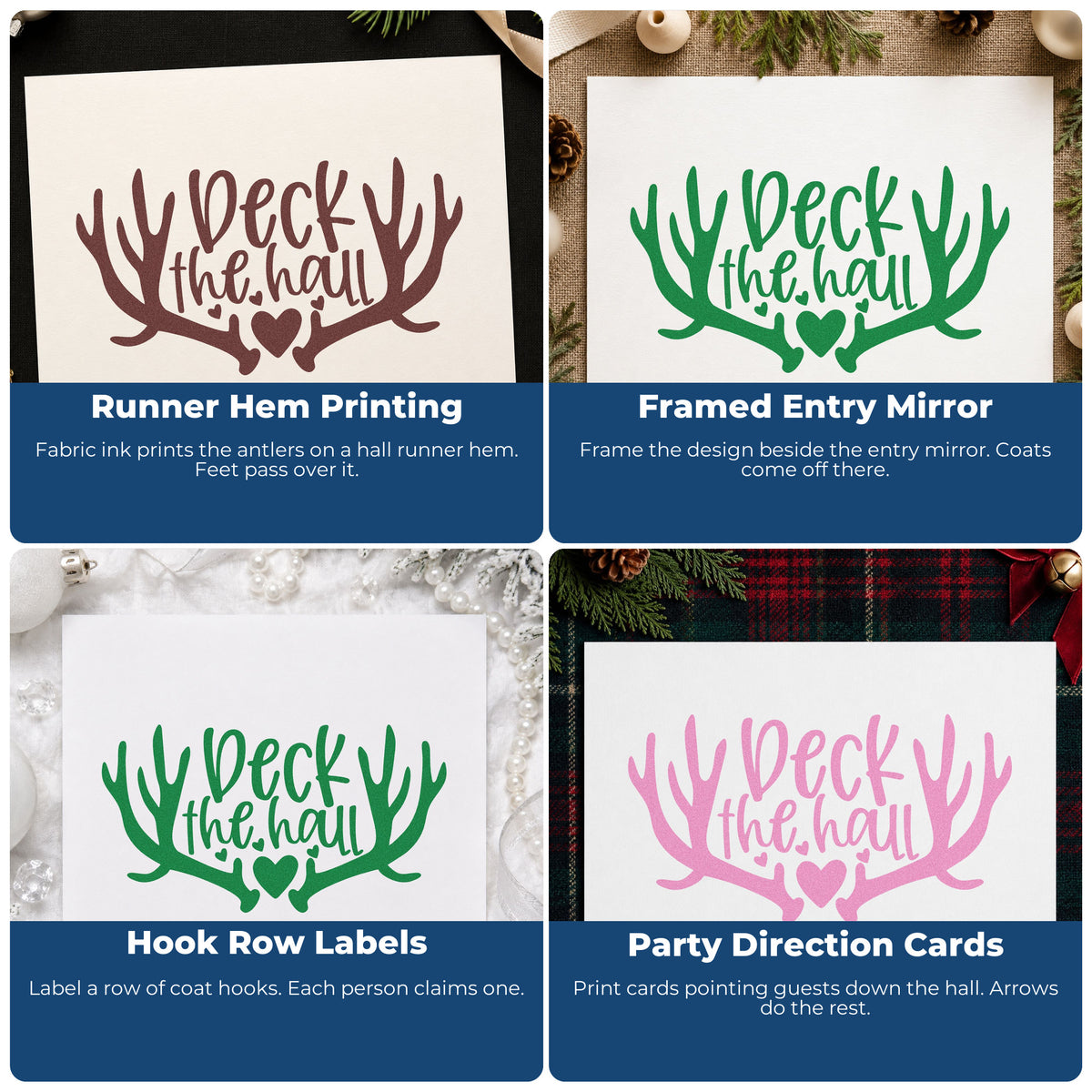 Four ways to use the Deck The Hall Antlers Rubber Stamp – Duo Hand: runner hem printing, framed entry mirror, hook row labels and party direction cards.