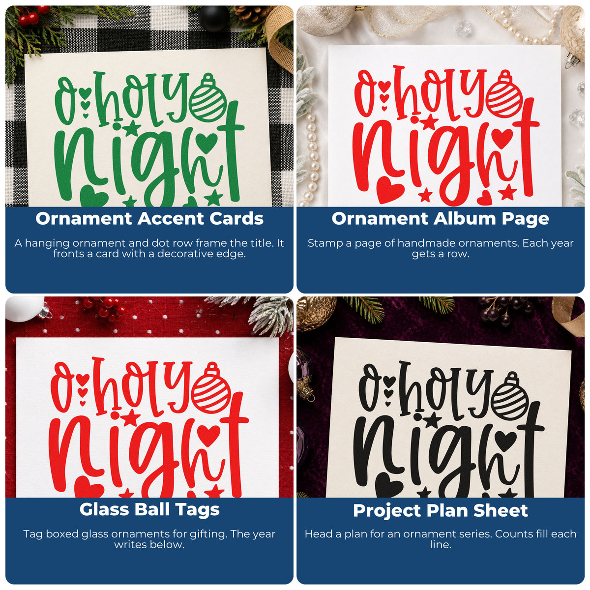 Four ways to use the O Holy Night Hearts Pre-Inked Stamp – PSI: ornament accent cards, ornament album page, glass ball tags and project plan sheet.