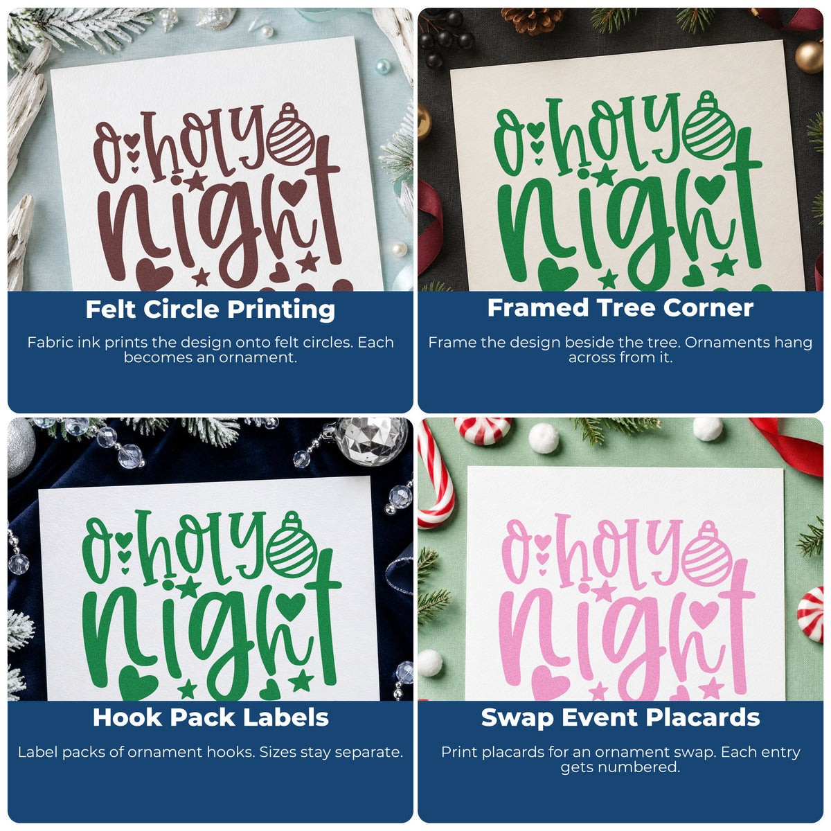 Four ways to use the O Holy Night Hearts Pre-Inked Stamp – PSI: felt circle printing, framed tree corner, hook pack labels and swap event placards.