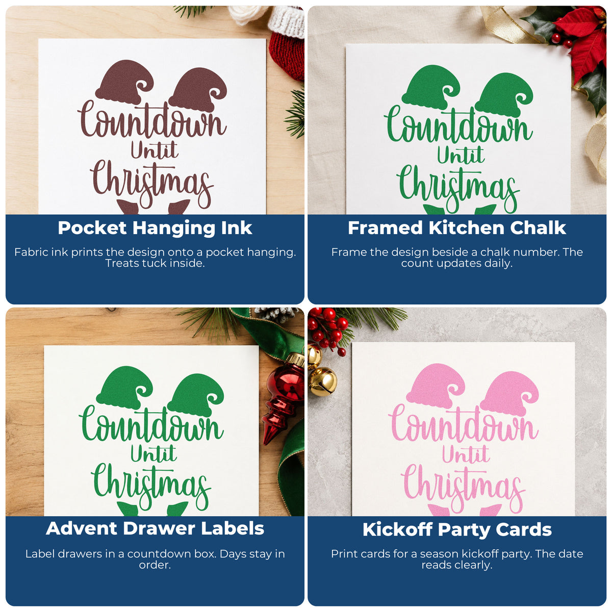 Four ways to use the Duo Hand Countdown Until Christmas Elf Rubber Stamp: pocket hanging ink, framed kitchen chalk, advent drawer labels and kickoff party cards.