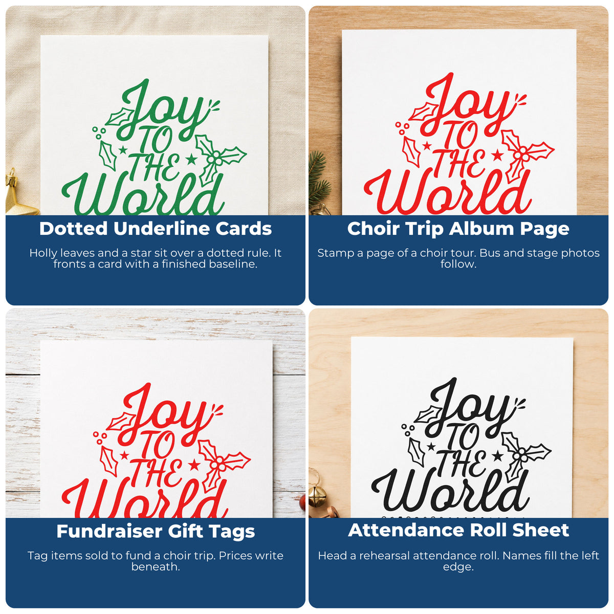 Four ways to use the Joy To The World Holly Leaf Accents Hand Stamp – Duo: dotted underline cards, choir trip album page, fundraiser gift tags and attendance roll sheet.