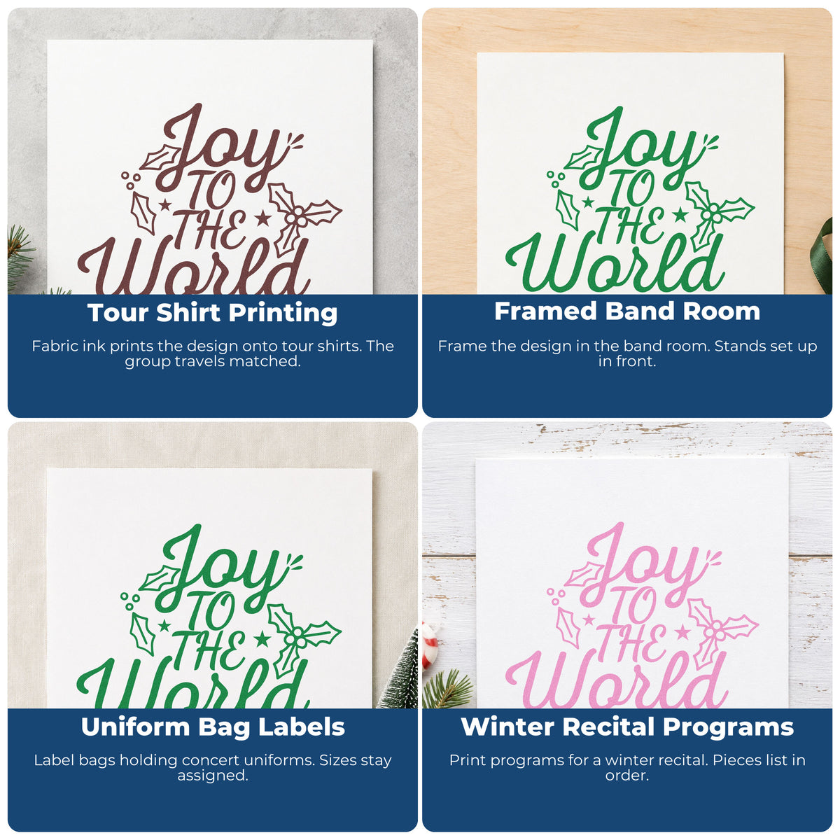 Four ways to use the Joy To The World Holly Leaf Accents Hand Stamp – Duo: tour shirt printing, framed band room, uniform bag labels and winter recital programs.