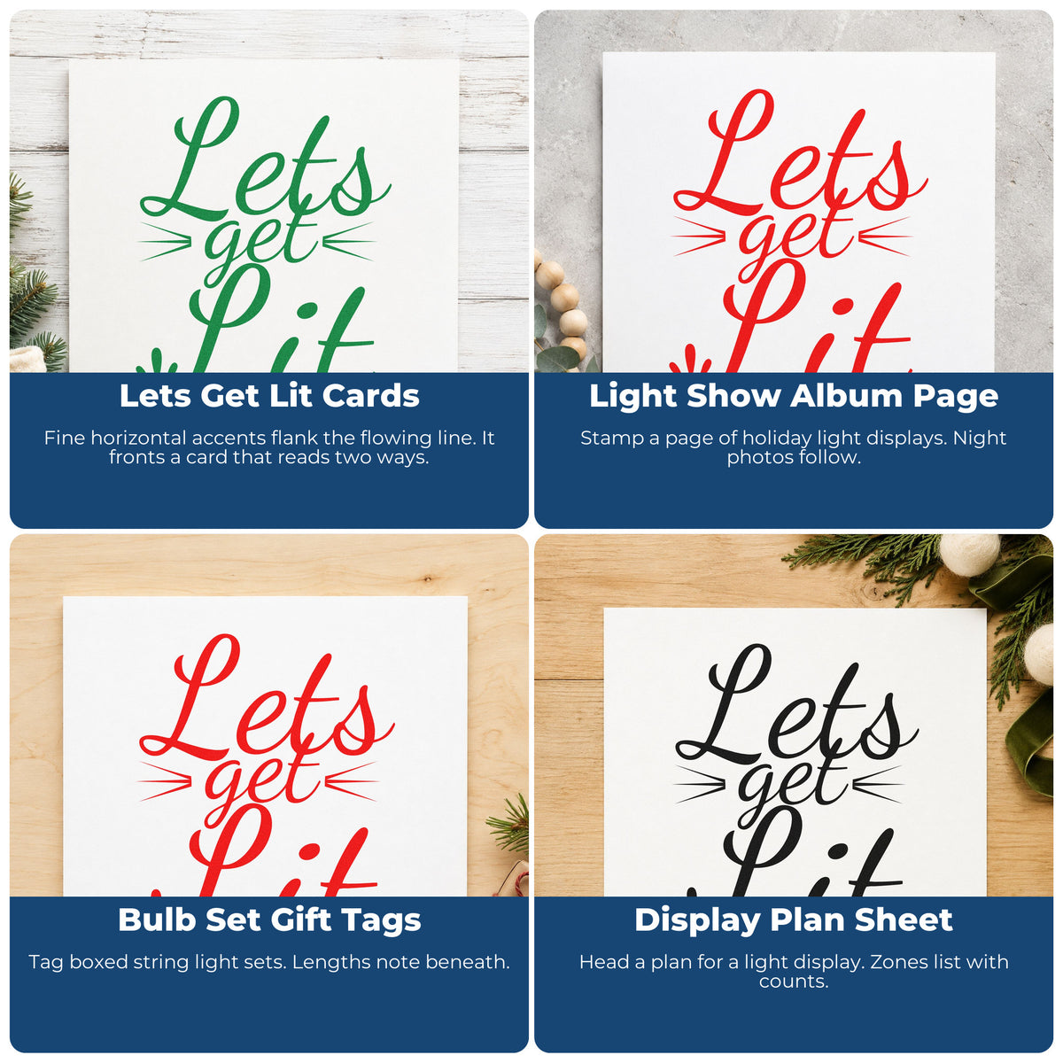 Four ways to use the Let's Get Lit Script Self-Inking Stamp: lets get lit cards, light show album page, bulb set gift tags and display plan sheet.