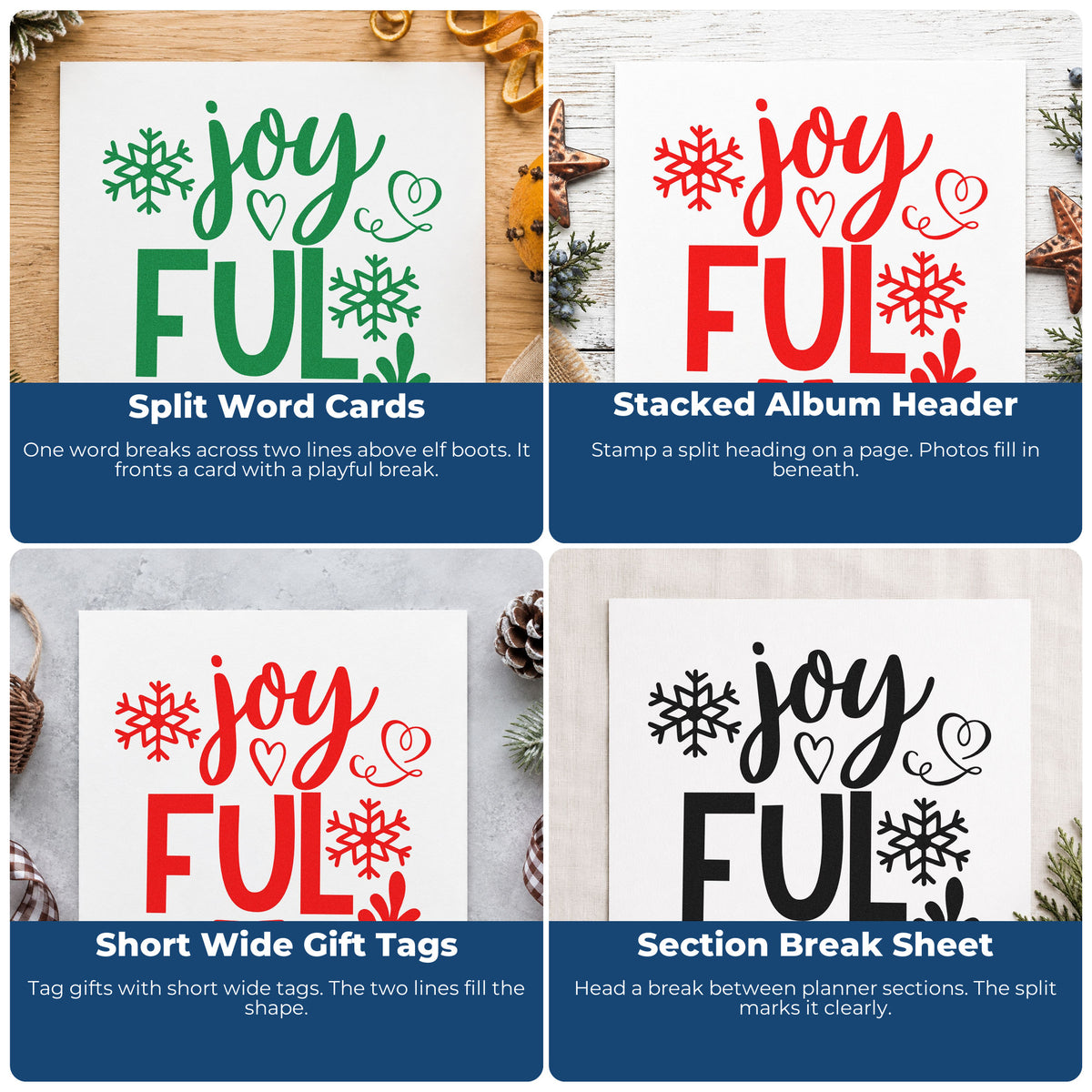 Four ways to use the Joyful Elf Boots Snowflakes Leaf Accents Slim Pre-Inked Stamp: split word cards, stacked album header, short wide gift tags and section break sheet.