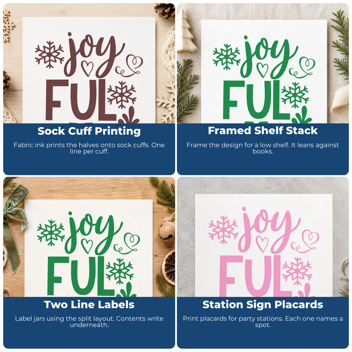 Four ways to use the PSI Pre-Inked Joyful Elf Boots Snowflakes Leaf Accents Stamp: sock cuff printing, framed shelf stack, two line labels and station sign placards.