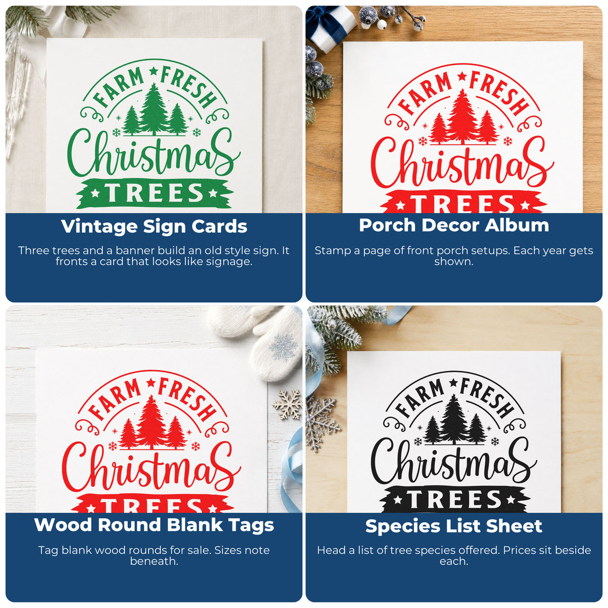 Four ways to use the Farm Fresh Christmas Tree Sign Pre-Inked Stamp – PSI: vintage sign cards, porch decor album, wood round blank tags and species list sheet.