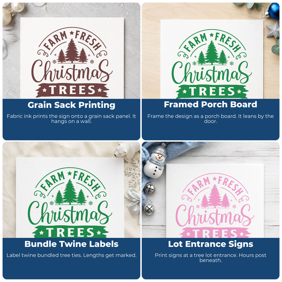 Four ways to use the Slim Pre-Inked Farm Fresh Christmas Tree Sign Stamp: grain sack printing, framed porch board, bundle twine labels and lot entrance signs.