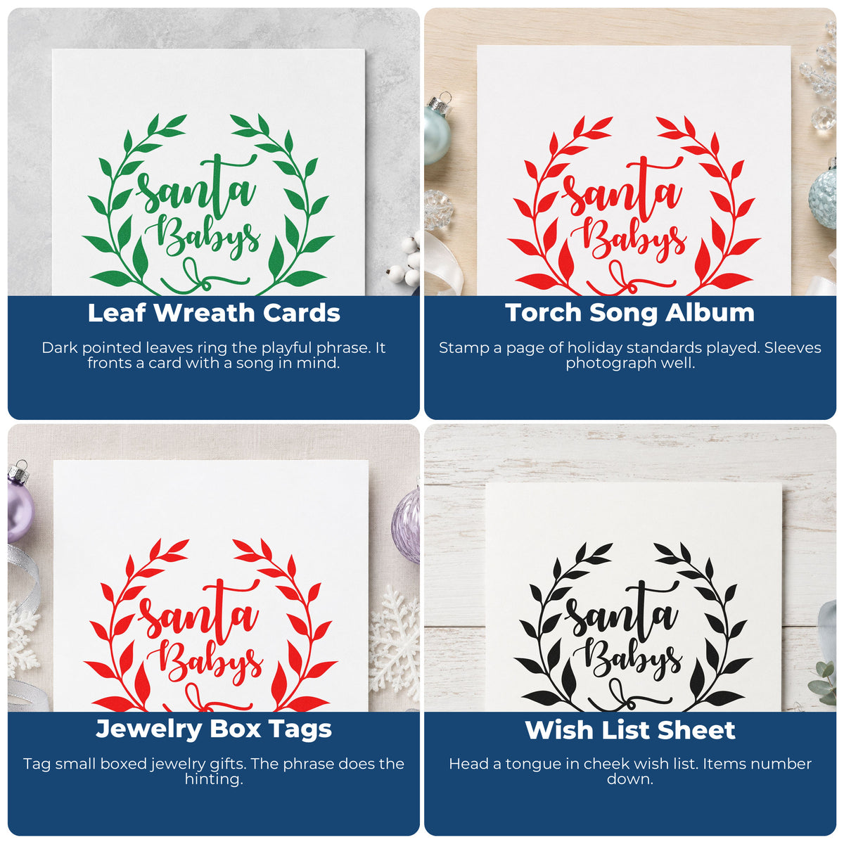 Four ways to use the Leaf Wreath Santa Babys Lettering Slim Pre-Inked Stamp: leaf wreath cards, torch song album, jewelry box tags and wish list sheet.