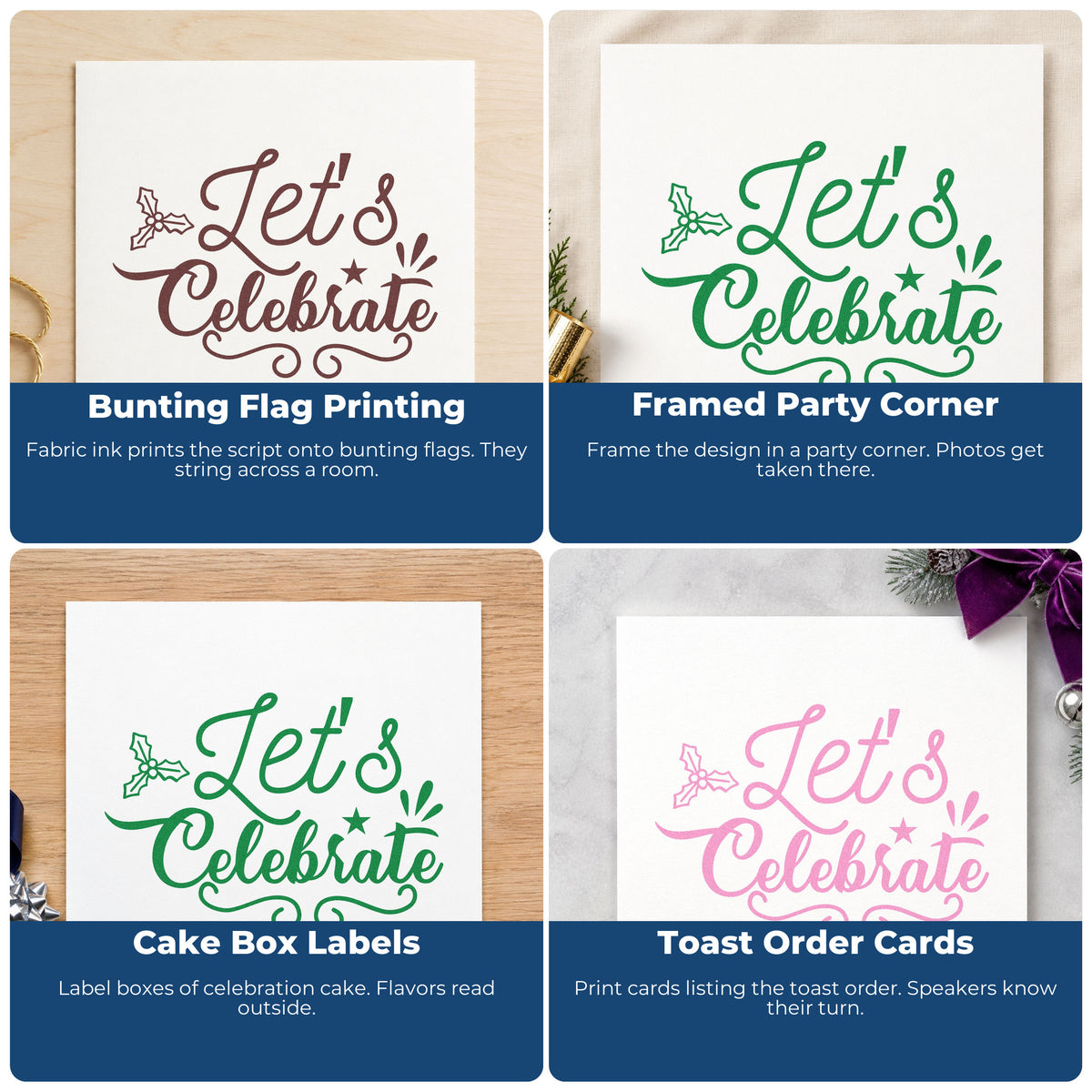 Four ways to use the Let's Celebrate Holly Wood Handle Stamp: bunting flag printing, framed party corner, cake box labels and toast order cards.