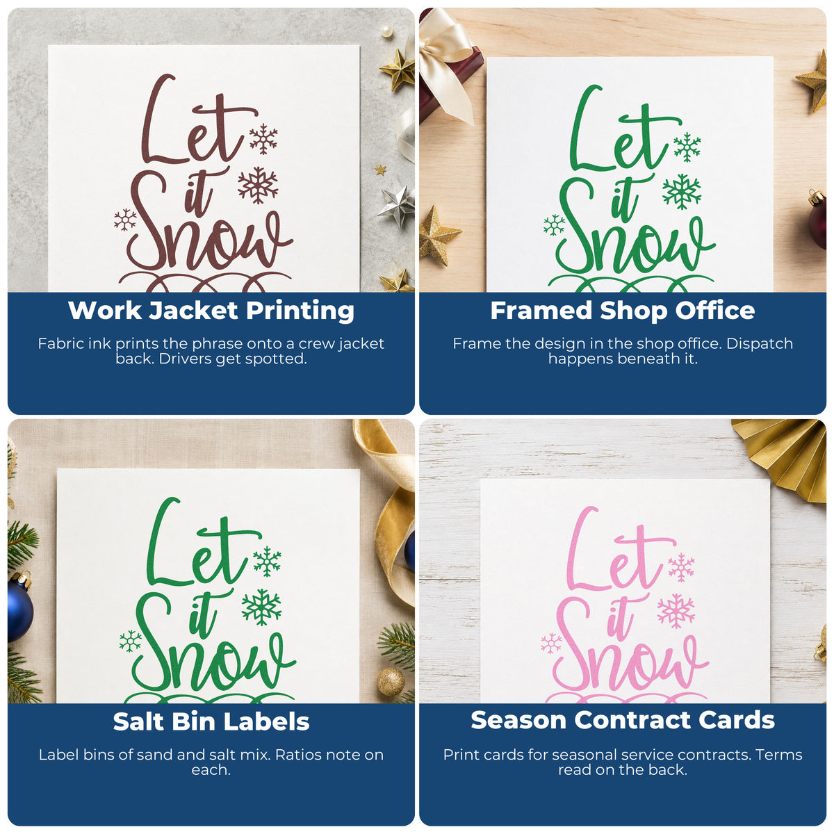 Four ways to use the Let It Snow Loop Flourished Lettering Rubber Stamp – Wood Handle: work jacket printing, framed shop office, salt bin labels and season contract cards.