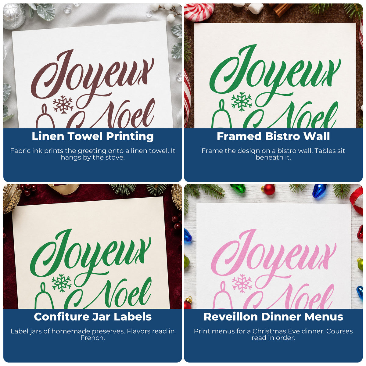 Four ways to use the Joyeux Noel Bell Snowflake Premium Wooden Stamp - Vintage Pro: linen towel printing, framed bistro wall, confiture jar labels and reveillon dinner menus.