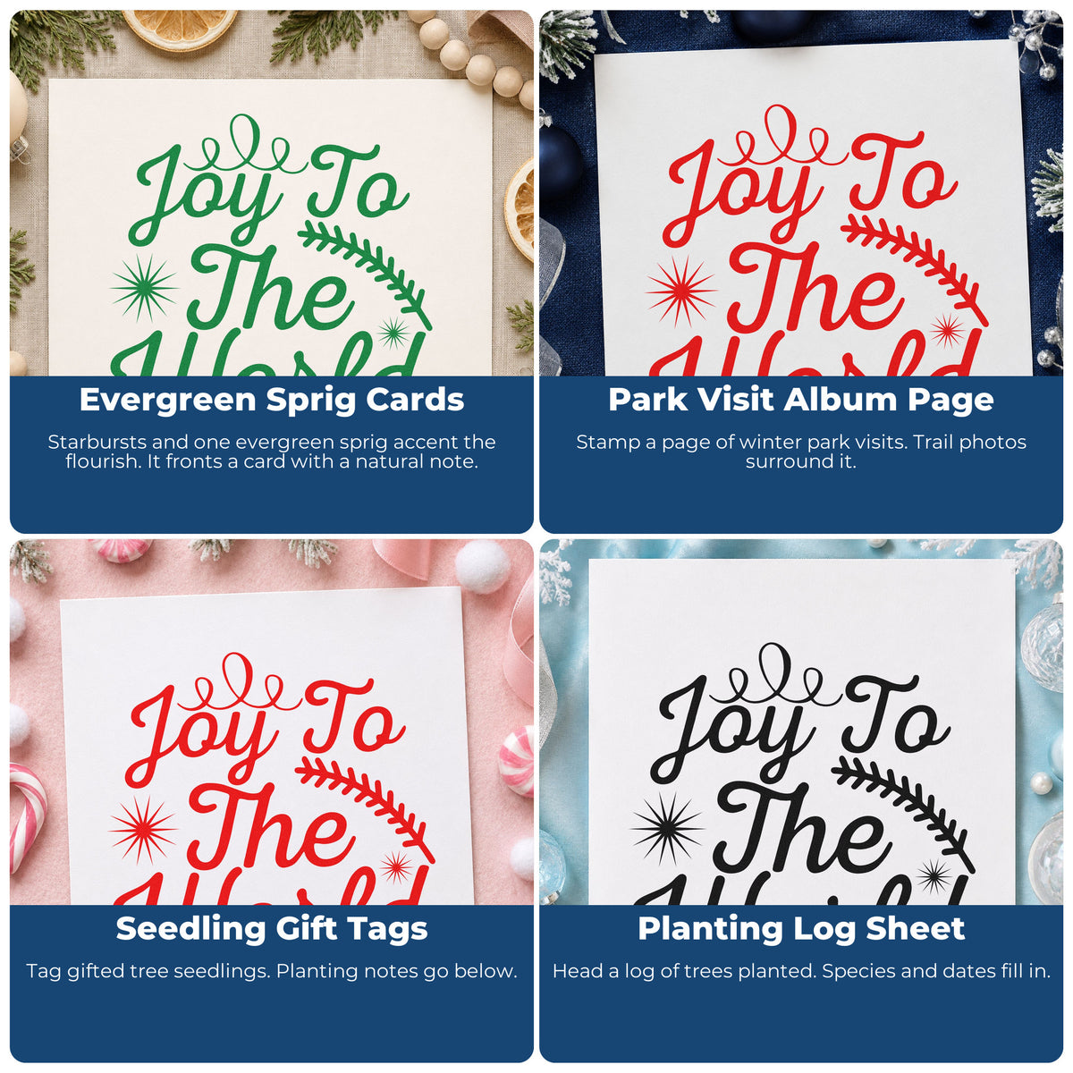 Four ways to use the Joy To The World Sprig Pine Motif Duo Hand Stamp: evergreen sprig cards, park visit album page, seedling gift tags and planting log sheet.