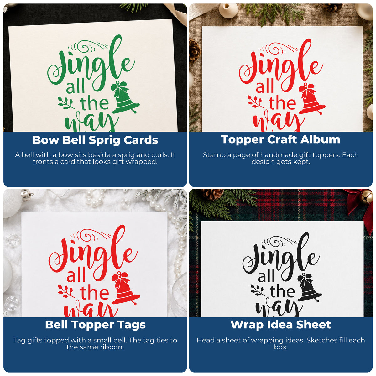 Four ways to use the Jingle All The Way Bell Botanical Sprig Rubber Stamp – Duo Hand: bow bell sprig cards, topper craft album, bell topper tags and wrap idea sheet.