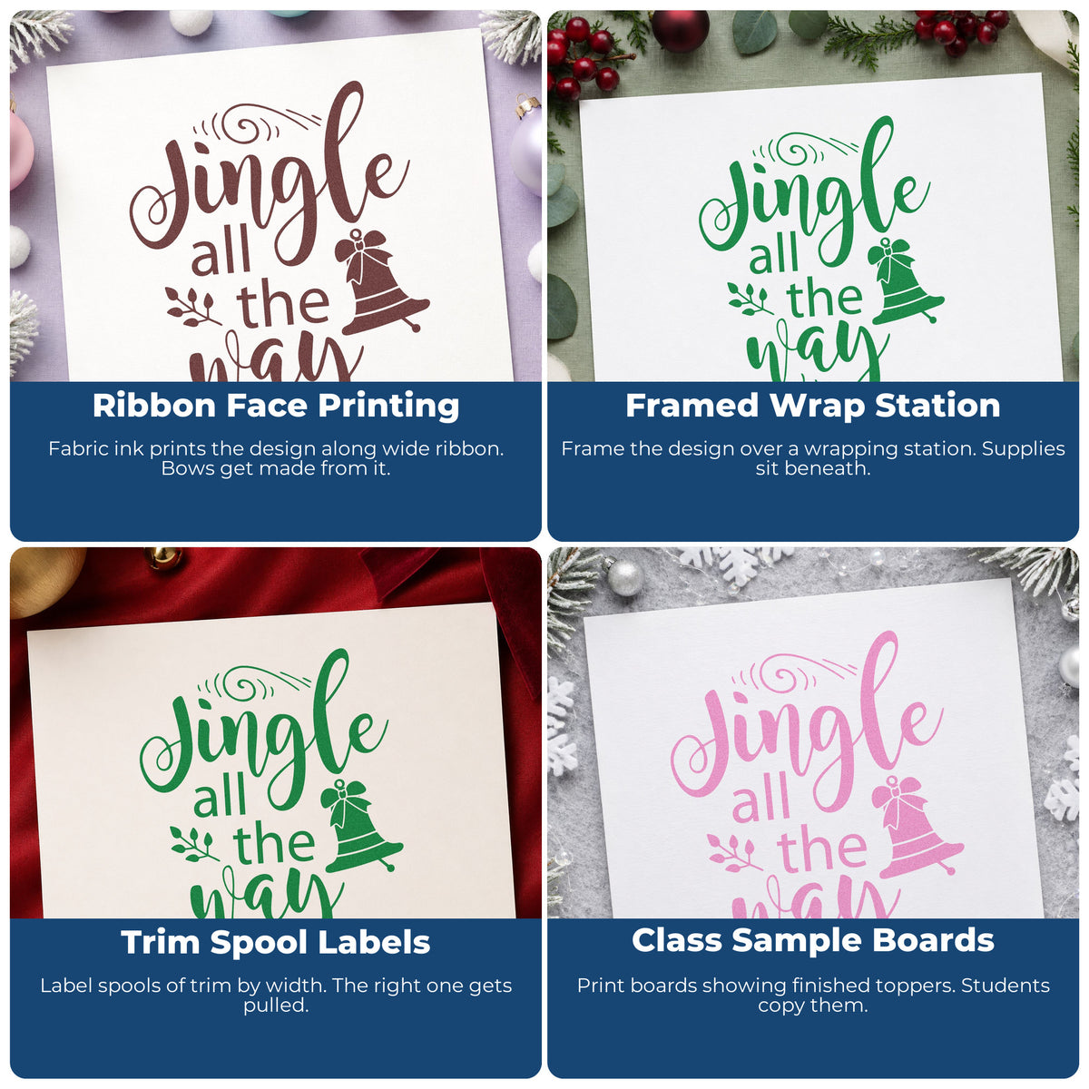 Four ways to use the Jingle All The Way Bell Botanical Sprig Rubber Stamp – Duo Hand: ribbon face printing, framed wrap station, trim spool labels and class sample boards.