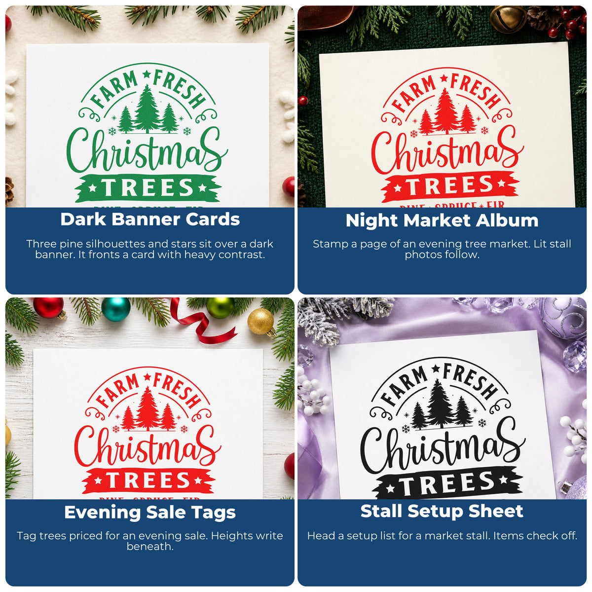 Four ways to use the Premium Wooden Farm Fresh Christmas Trees Badge Stamp - Vintage Pro: dark banner cards, night market album, evening sale tags and stall setup sheet.