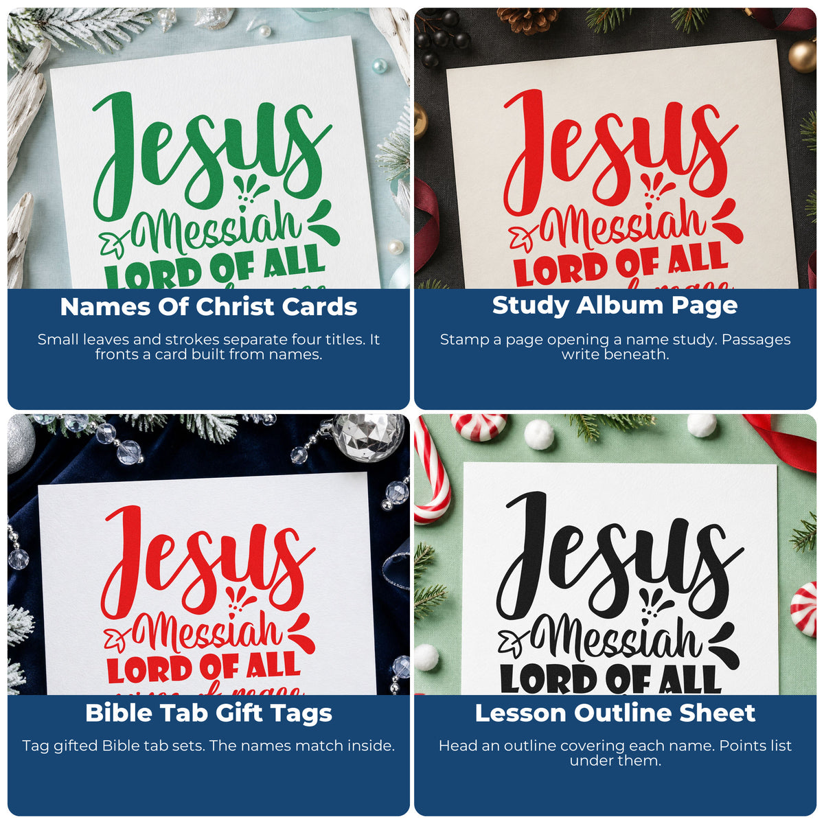 Four ways to use the Jesus Messiah Lord Of All Prince Of Peace Pre-Inked Stamp – PSI: names of christ cards, study album page, bible tab gift tags and lesson outline sheet.