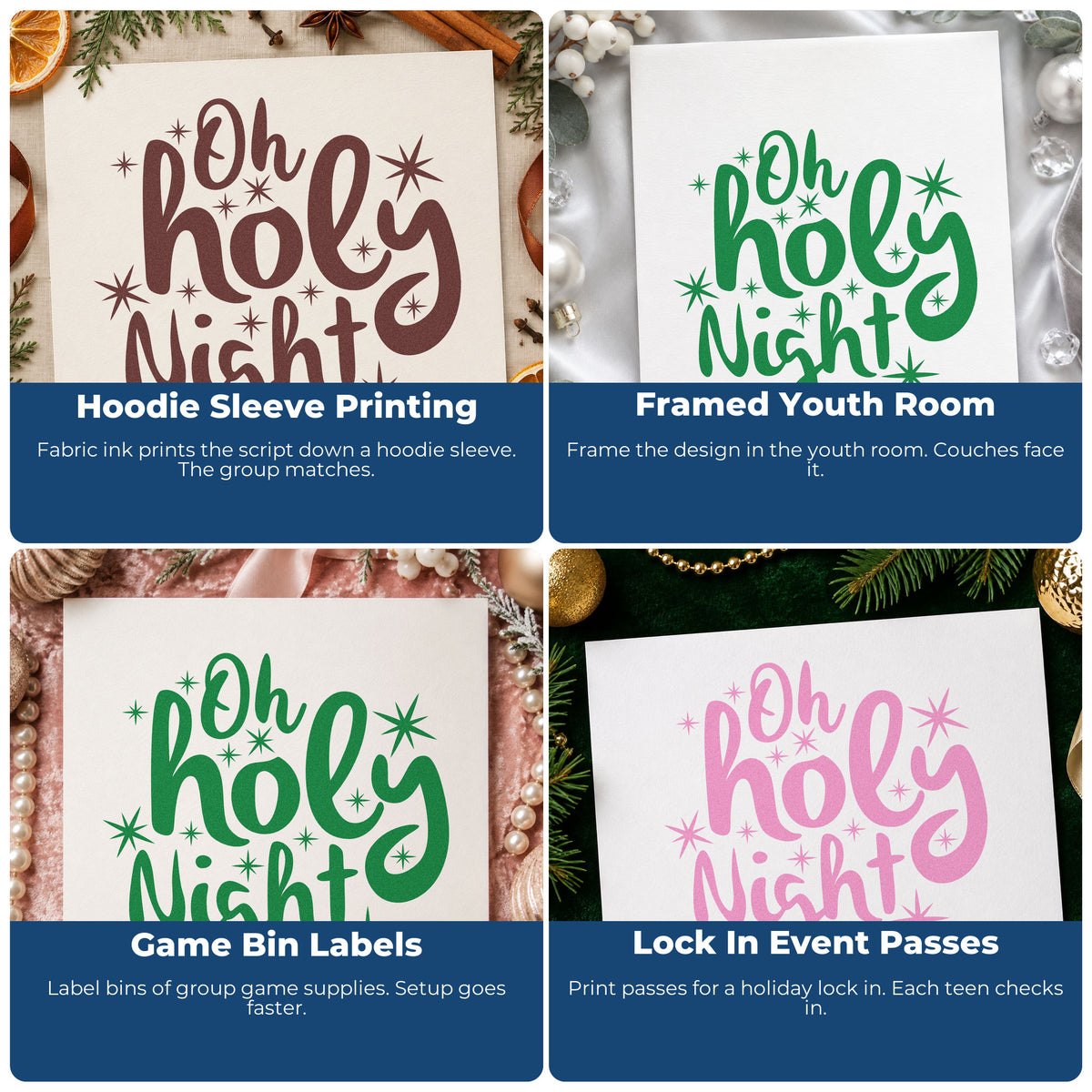 Four ways to use the Oh Holy Night Starbursts Self-Inking Stamp: hoodie sleeve printing, framed youth room, game bin labels and lock in event passes.