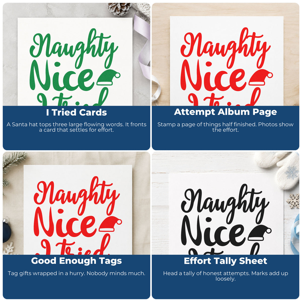 Four ways to use the Naughty Nice I Tried Hat Lettering PSI Pre-Inked Stamp: i tried cards, attempt album page, good enough tags and effort tally sheet.