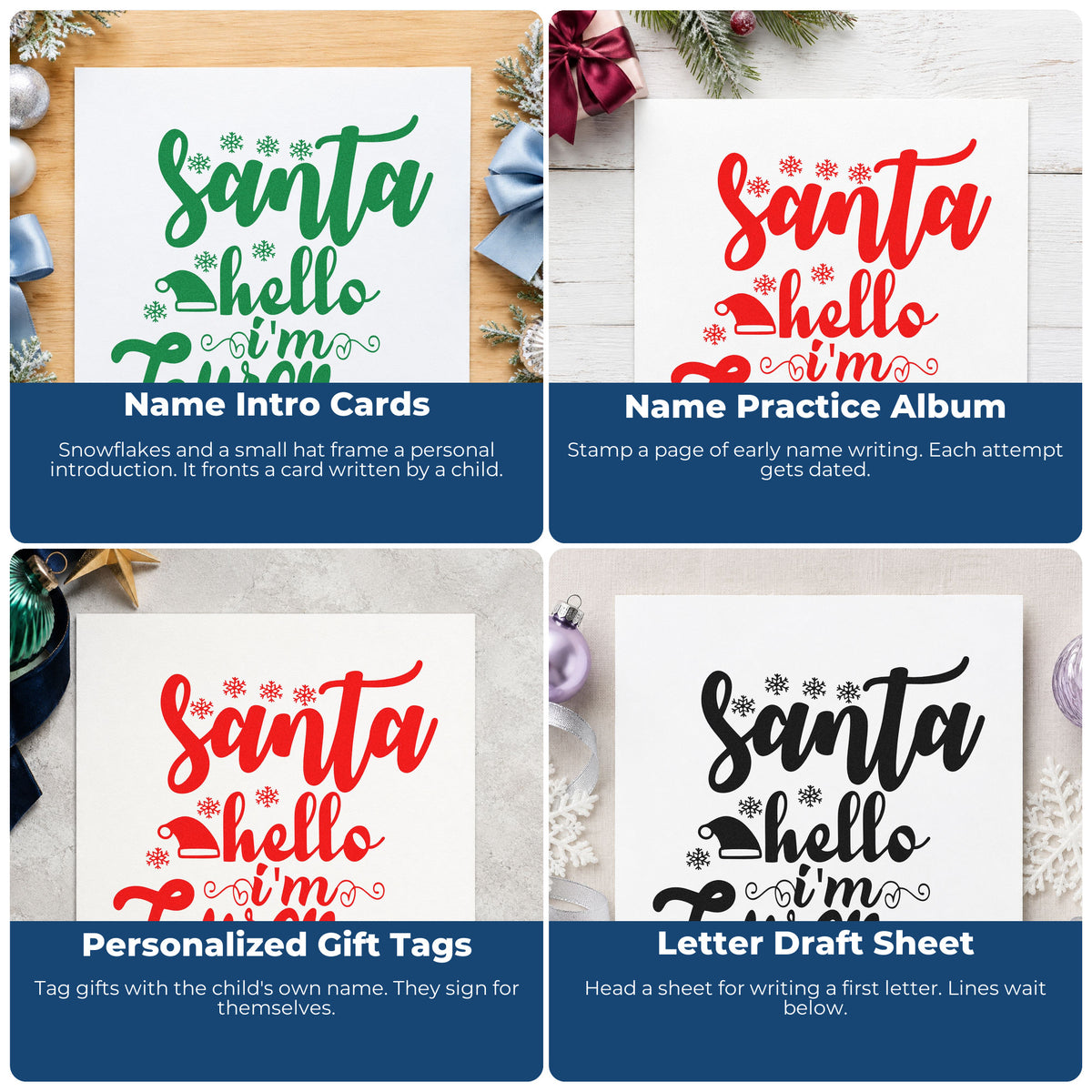 Four ways to use the Santa Hello I'm Lauren Snowflakes Pre-Inked Stamp – Slim: name intro cards, name practice album, personalized gift tags and letter draft sheet.