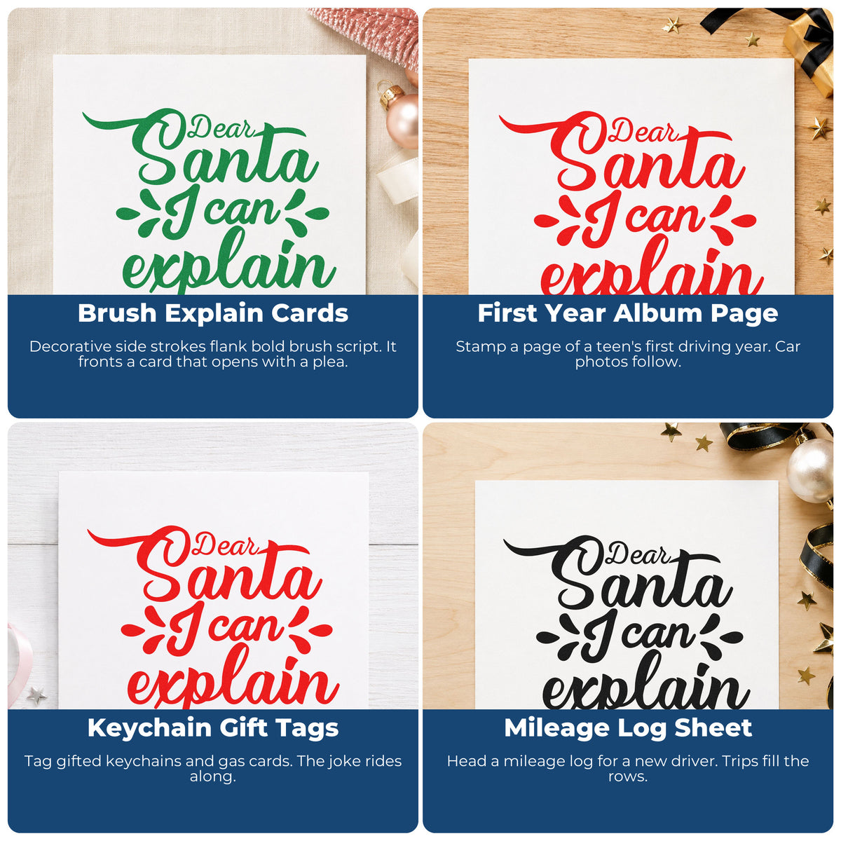 Four ways to use the Dear Santa I Can Explain Brush Lettering PSI Pre-Inked Stamp: brush explain cards, first year album page, keychain gift tags and mileage log sheet.