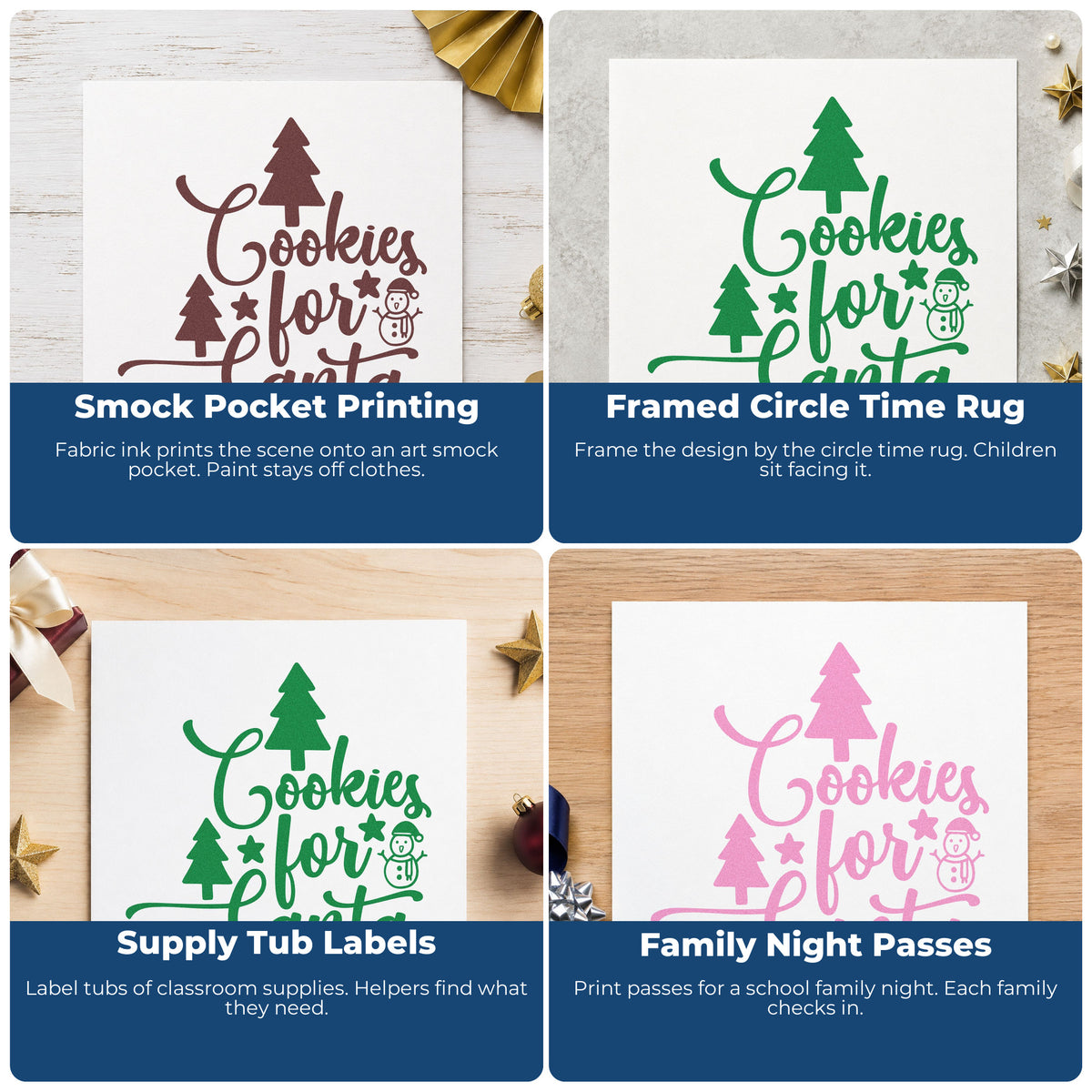 Four ways to use the Premium Wooden Cookies For Santa Trees Snowman Stamp - Vintage Pro: smock pocket printing, framed circle time rug, supply tub labels and family night passes.