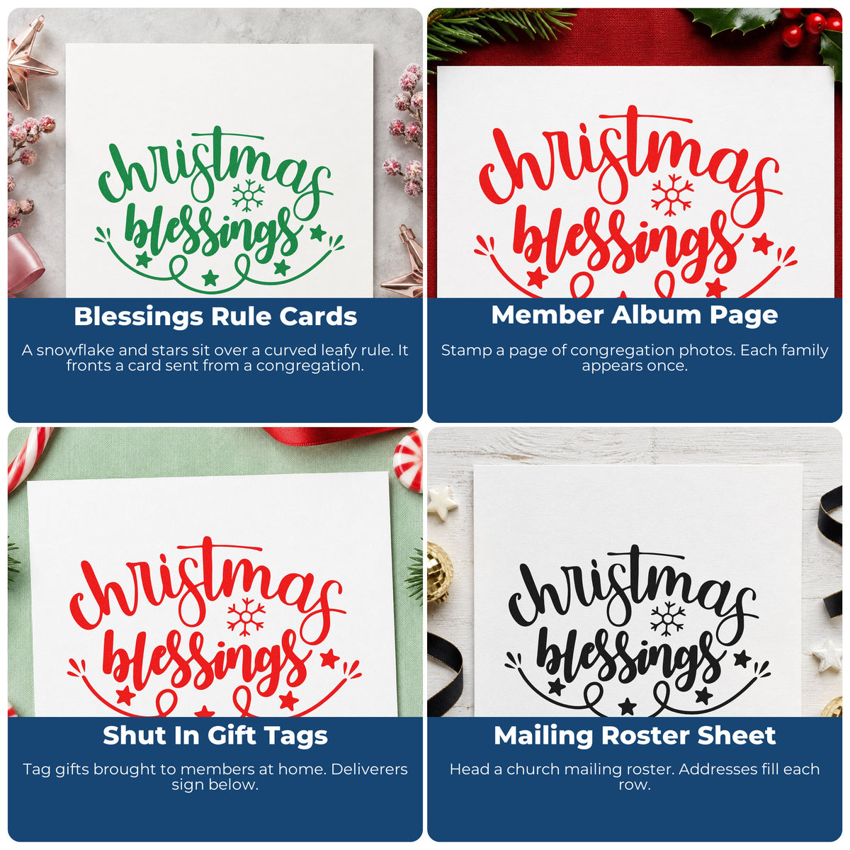 Four ways to use the Christmas Blessings Snowflake Wood Handle Stamp: blessings rule cards, member album page, shut in gift tags and mailing roster sheet.
