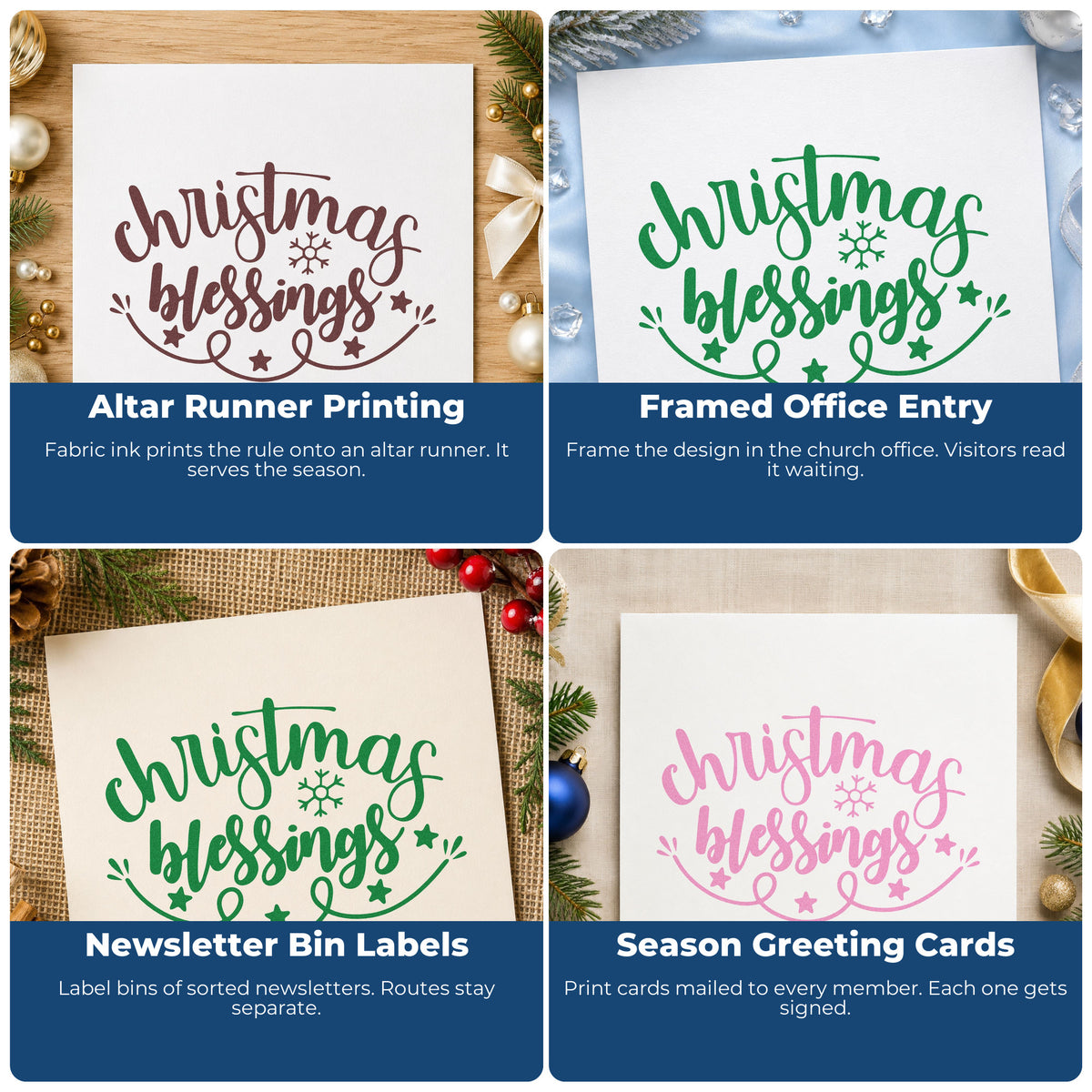 Four ways to use the Christmas Blessings Snowflake Premium Wooden Stamp - Vintage Pro: altar runner printing, framed office entry, newsletter bin labels and season greeting cards.