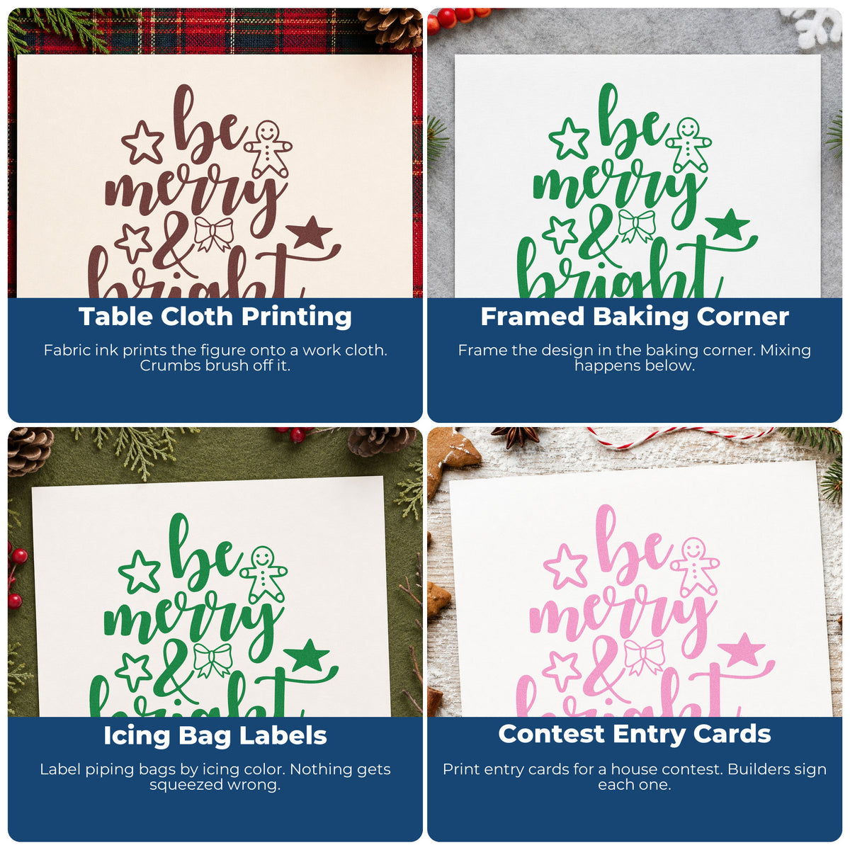 Four ways to use the Be Merry And Bright Gingerbread With Stars Wood-Mounted Rubber Stamp: table cloth printing, framed baking corner, icing bag labels and contest entry cards.