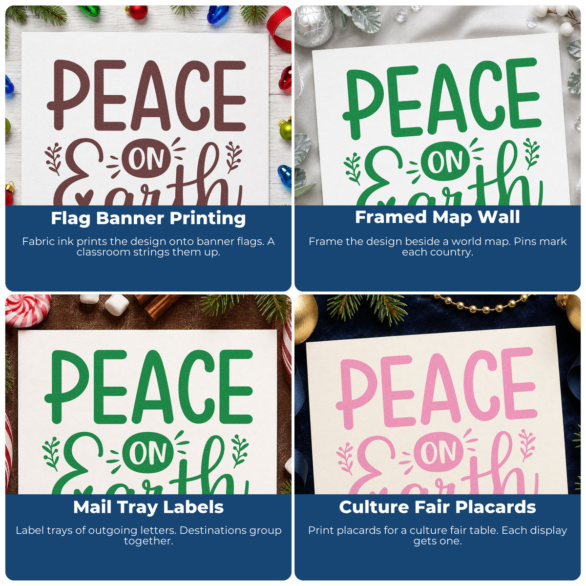 Four ways to use the Peace On Earth Heart Pre-Inked Stamp – PSI: flag banner printing, framed map wall, mail tray labels and culture fair placards.