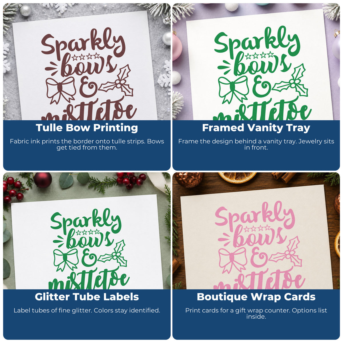 Four ways to use the Sparkly Bows And Mistletoe Wood Handle Stamp: tulle bow printing, framed vanity tray, glitter tube labels and boutique wrap cards.