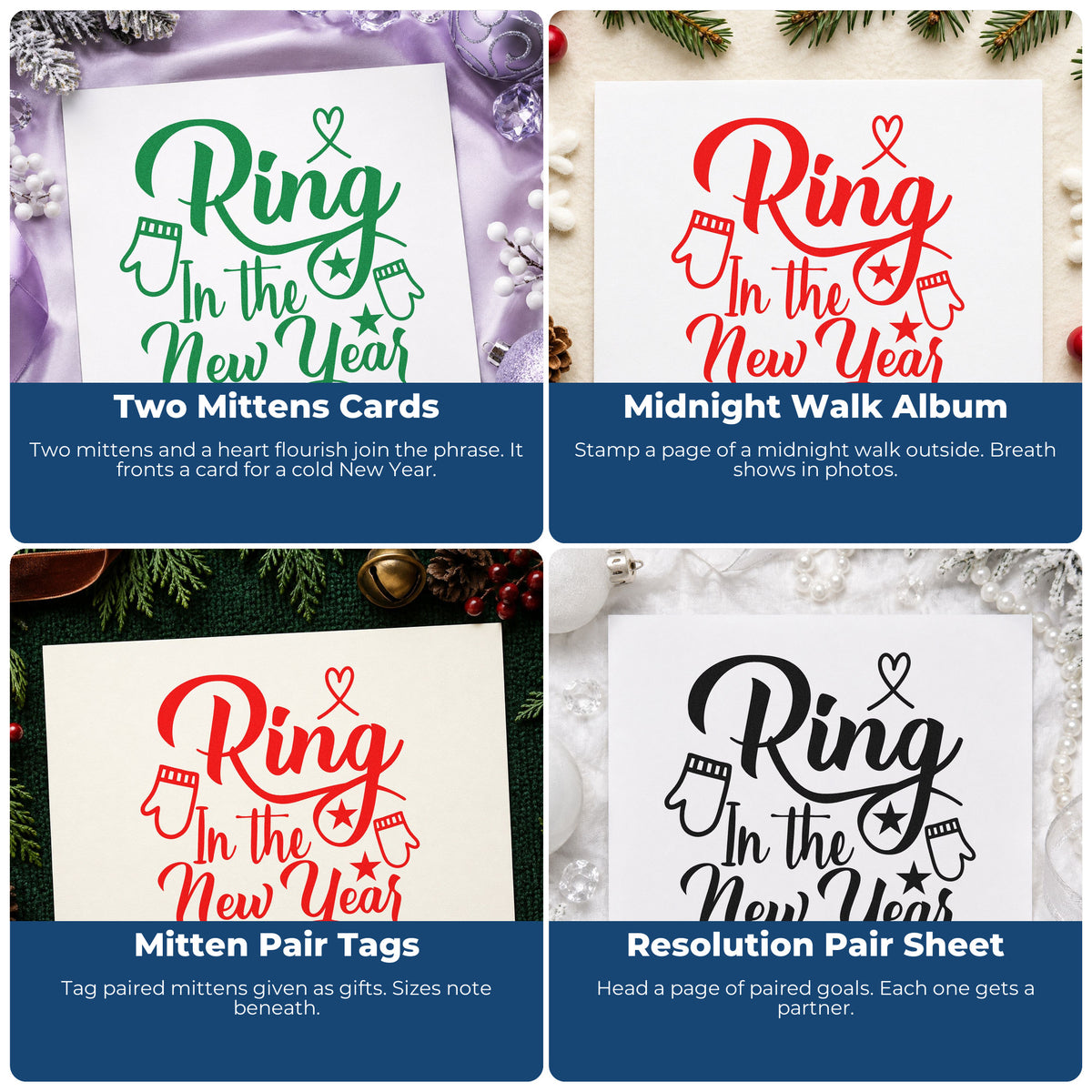 Four ways to use the Ring In The New Year Mittens PSI Pre-Inked Stamp: two mittens cards, midnight walk album, mitten pair tags and resolution pair sheet.