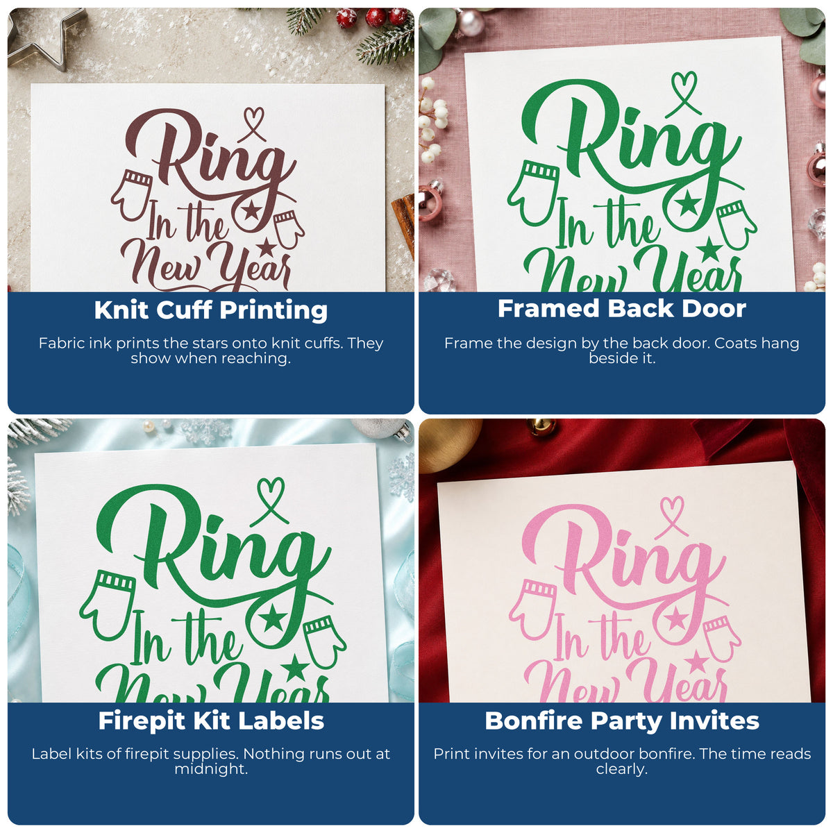 Four ways to use the Ring In The New Year Mittens Hand Stamp – Duo: knit cuff printing, framed back door, firepit kit labels and bonfire party invites.
