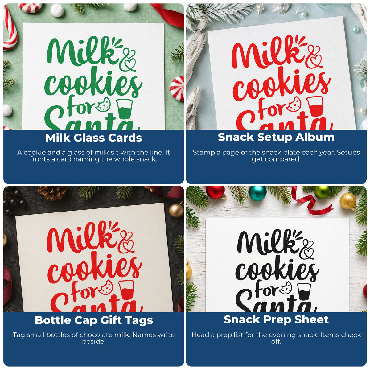 Four ways to use the Milk And Cookies For Santa Rubber Stamp – Duo Hand: milk glass cards, snack setup album, bottle cap gift tags and snack prep sheet.