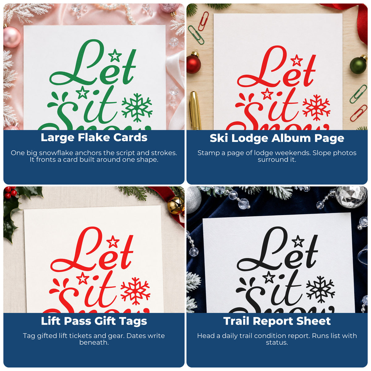 Four ways to use the Premium Wooden Let It Snow Stamp - Vintage Pro: large flake cards, ski lodge album page, lift pass gift tags and trail report sheet.