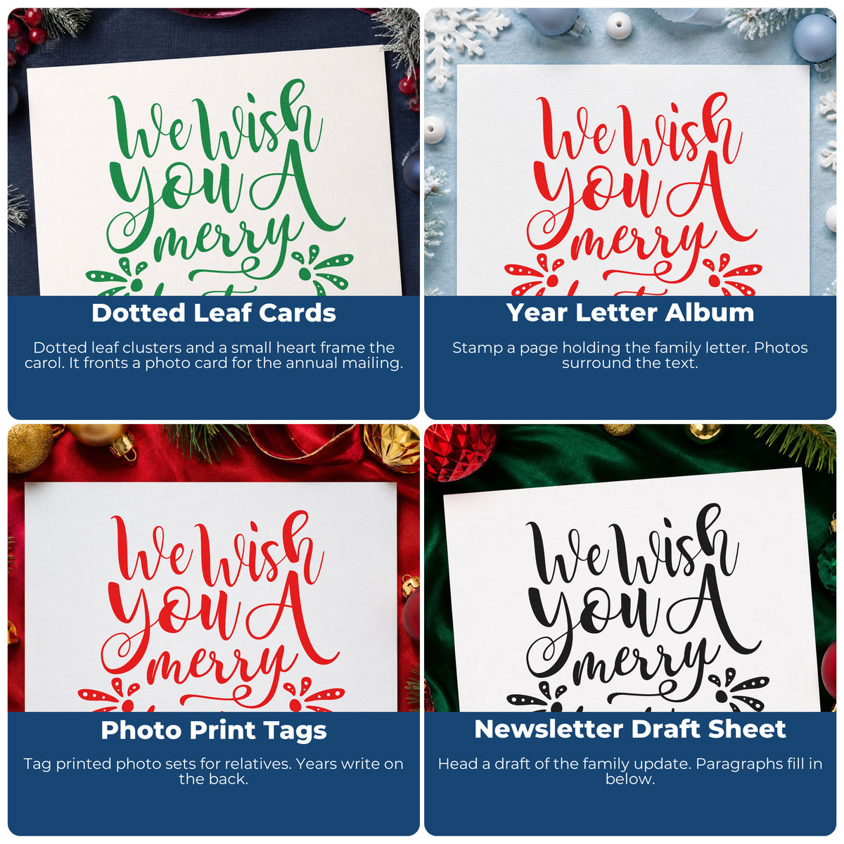 Four ways to use the We Wish You A Merry Christmas Premium Wooden Stamp - Vintage Pro: dotted leaf cards, year letter album, photo print tags and newsletter draft sheet.