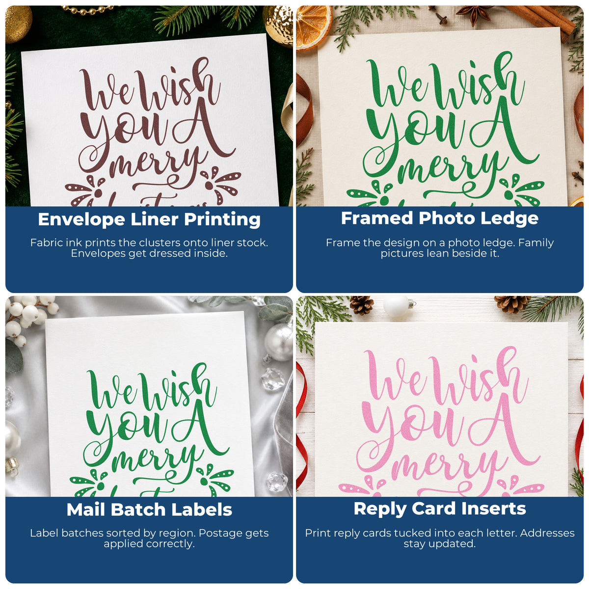 Four ways to use the We Wish You A Merry Christmas PSI Pre-Inked Stamp: envelope liner printing, framed photo ledge, mail batch labels and reply card inserts.
