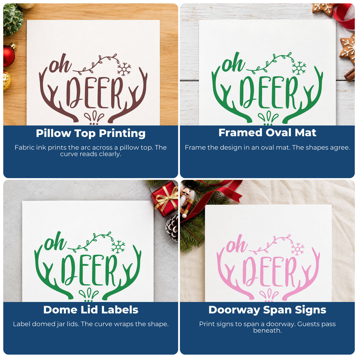 Four ways to use the Slim Pre-Inked Oh Deer Antler Frame Stamp: pillow top printing, framed oval mat, dome lid labels and doorway span signs.